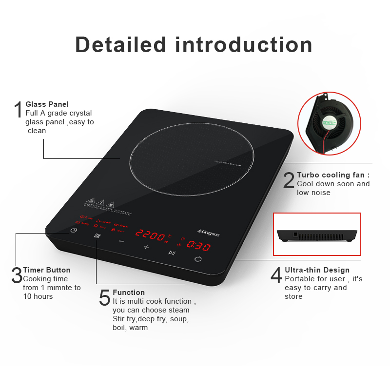 IH-CB22-NB, 2200W Induction cooktop, full touch sreen with colorful panel induction hob