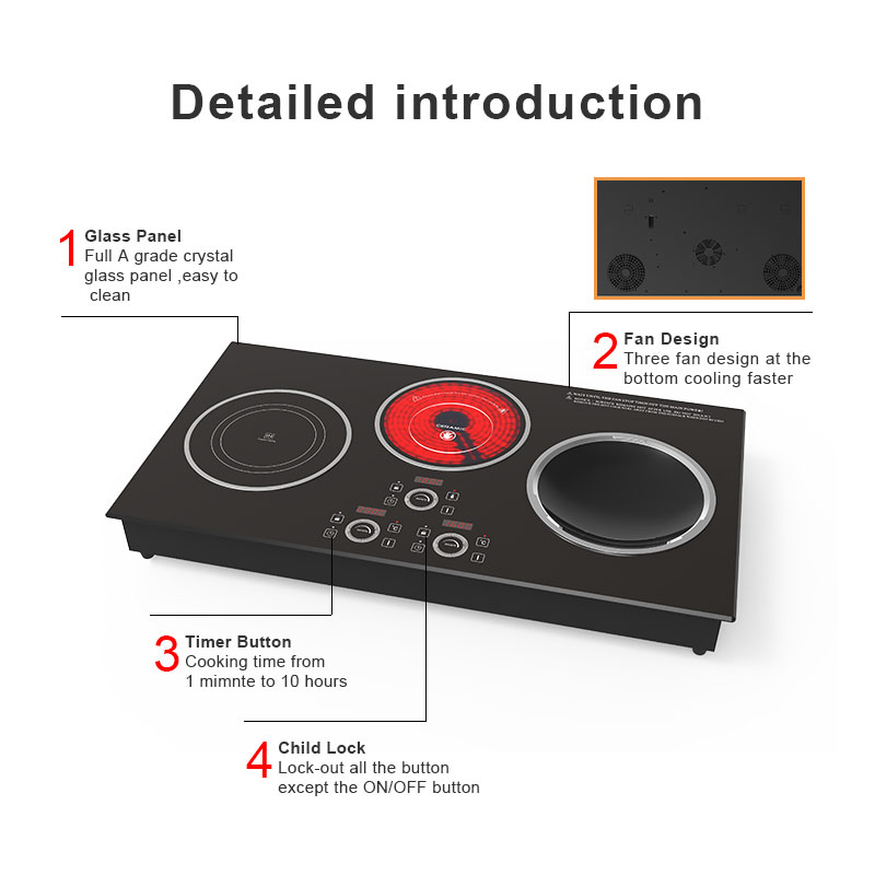 AT-999, 3400W built-in three burner induction hob